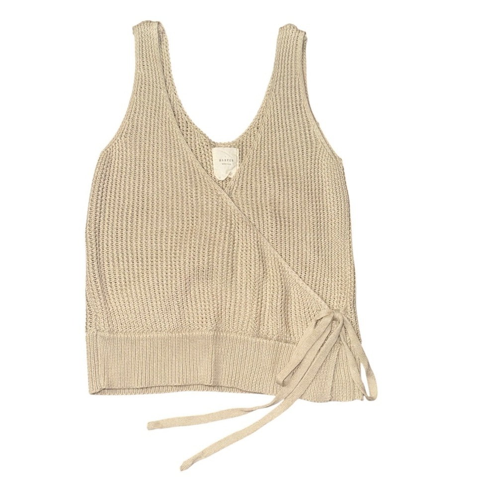 Harper Heritage Women’s Knit Wrap Tank Top Beige Sleeveless Tie Front Size M